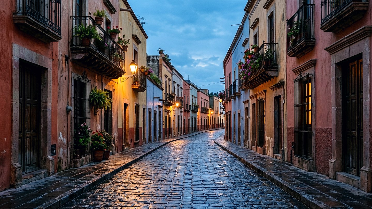 A narrow colonial street of pastel buildings with blue cobblestones glistening after rain at dusk
