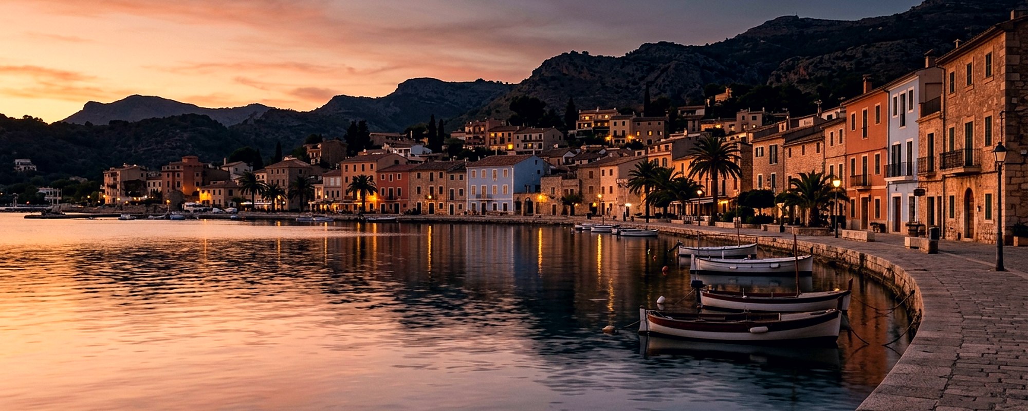 A wide view along a warm coastal city waterfront at dusk with low buildings and lit windows