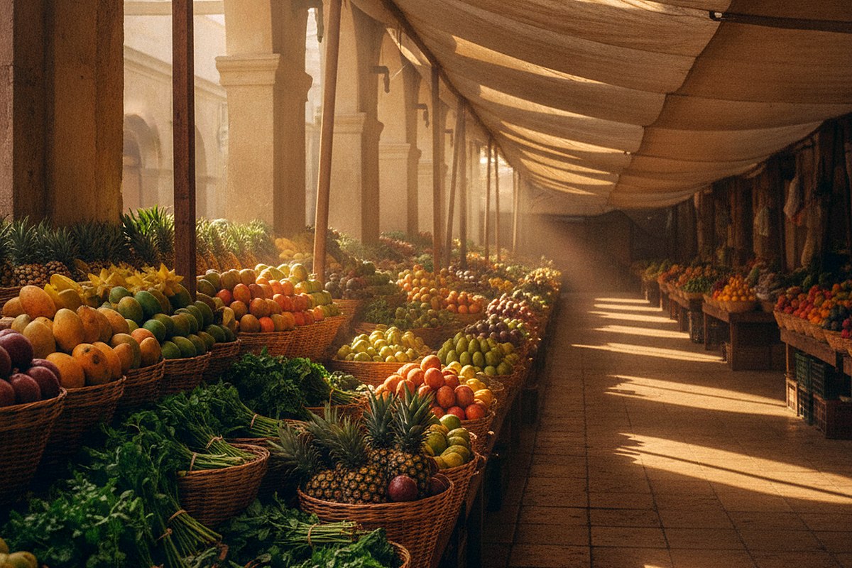 Stacked baskets of tropical fruit under canvas awnings in a covered market hall in morning light