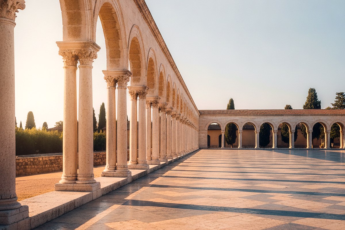 An empty colonnade of pale stone arches throwing hard shadows in the middle of the day