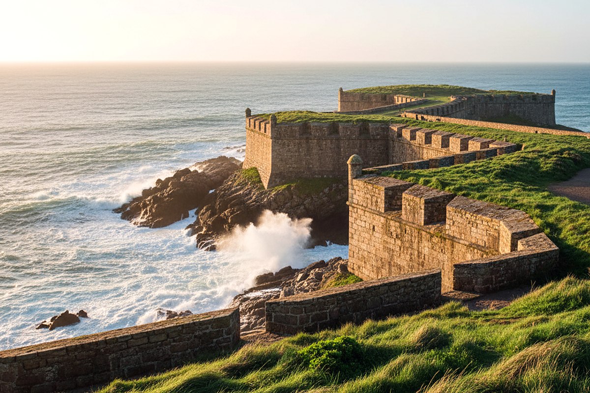 Massive weathered stone ramparts running along the sea with waves breaking below