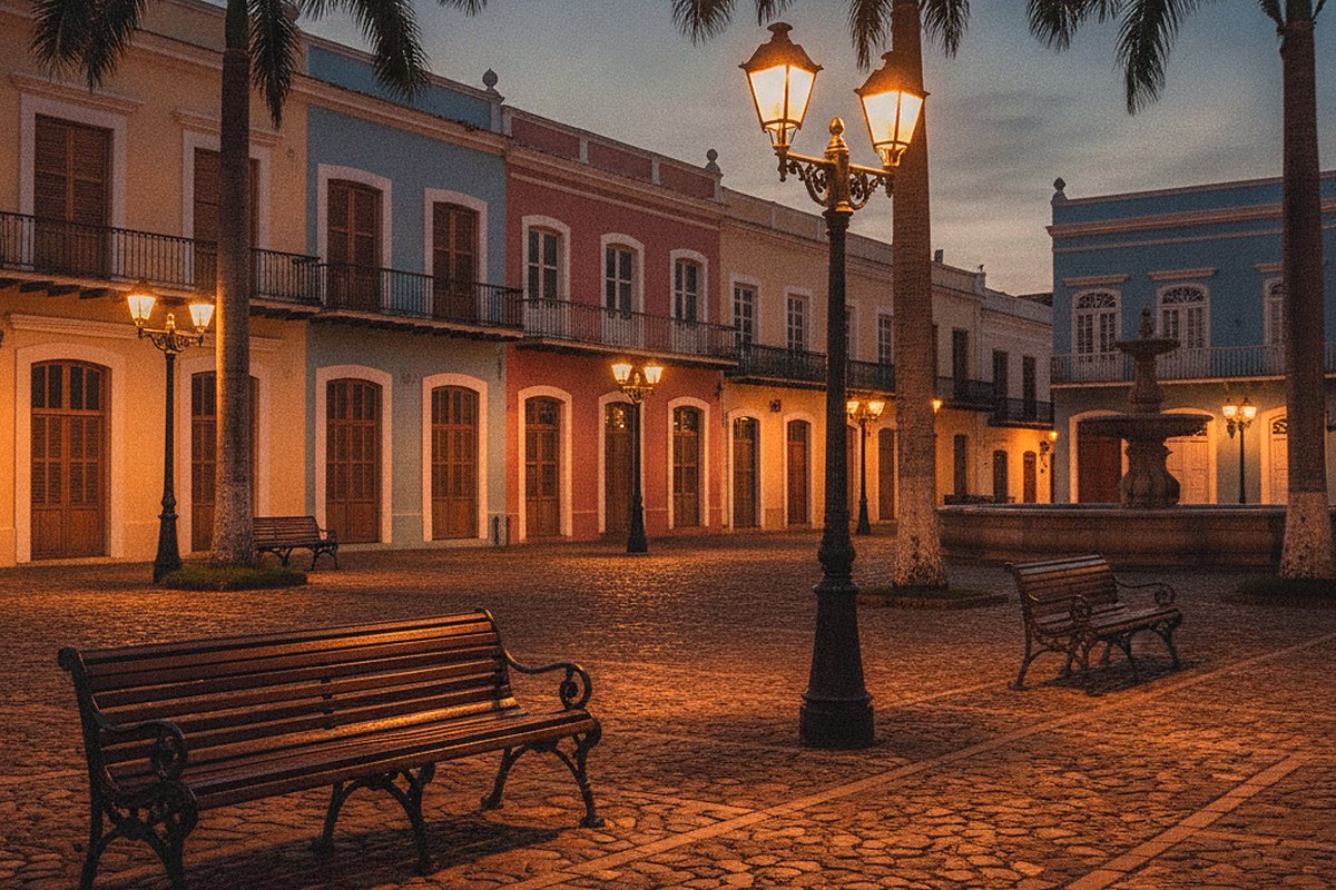A quiet plaza at night with lit lamps, palm trees and shuttered pastel buildings