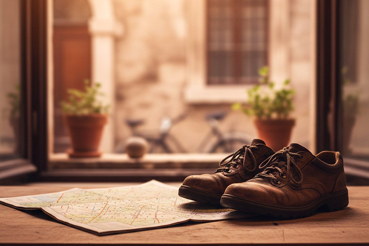 A folded paper map and a pair of worn walking shoes on a plain wooden table