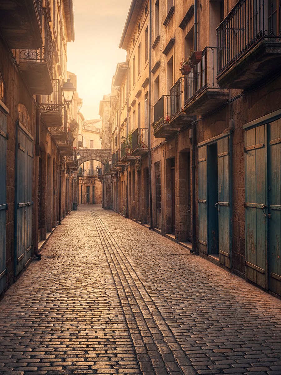 A narrow city street in early morning light with shuttered shopfronts and a long shadow down one side