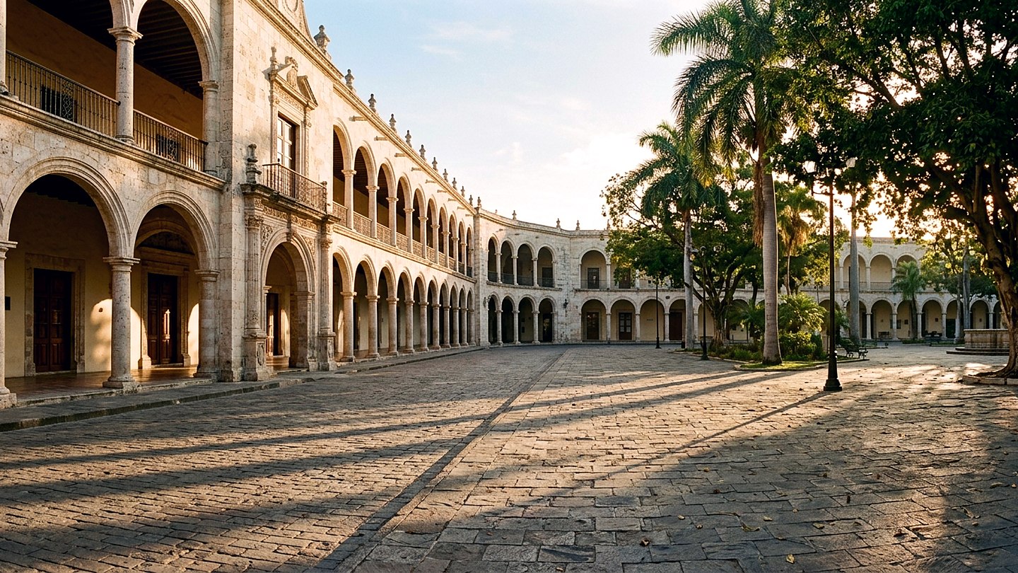 A wide colonial plaza of pale limestone buildings with arcades, under strong early morning light