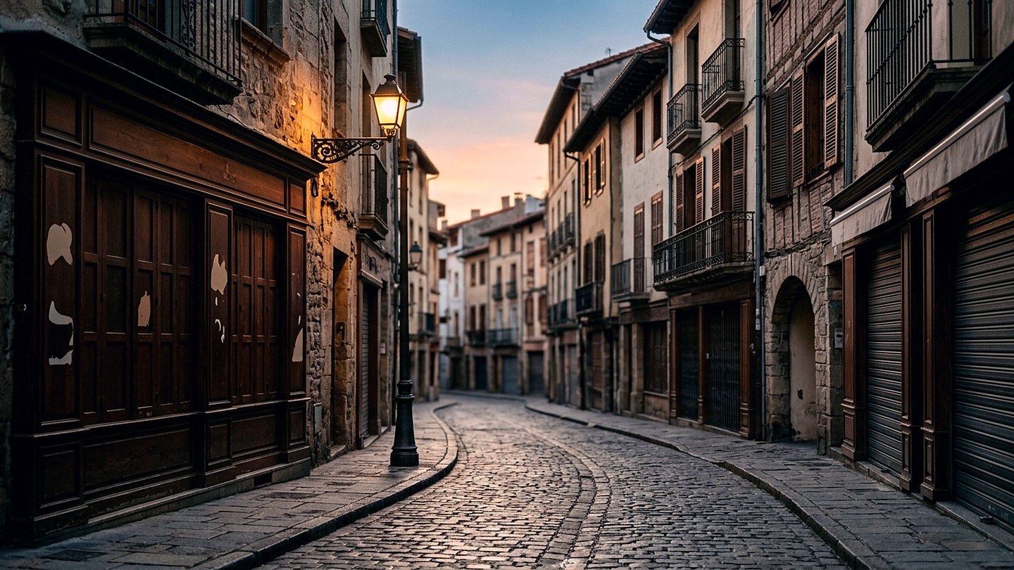 An empty city street of low buildings at dawn with long shadows and warm light on one side